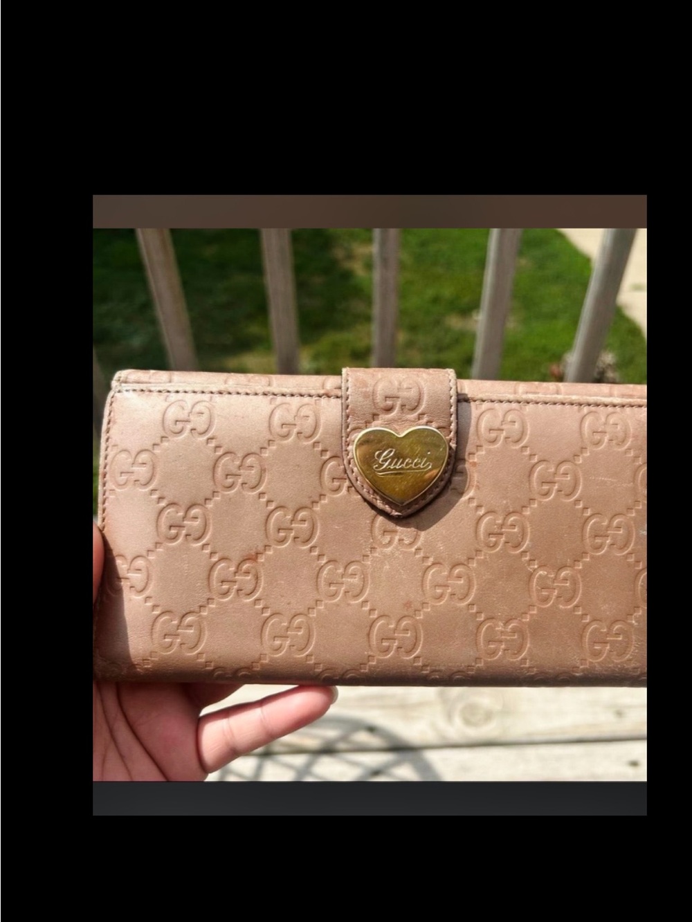 Gucci Beige-Pink Embossed GG Continental Wallet with Gold Heart Plaque